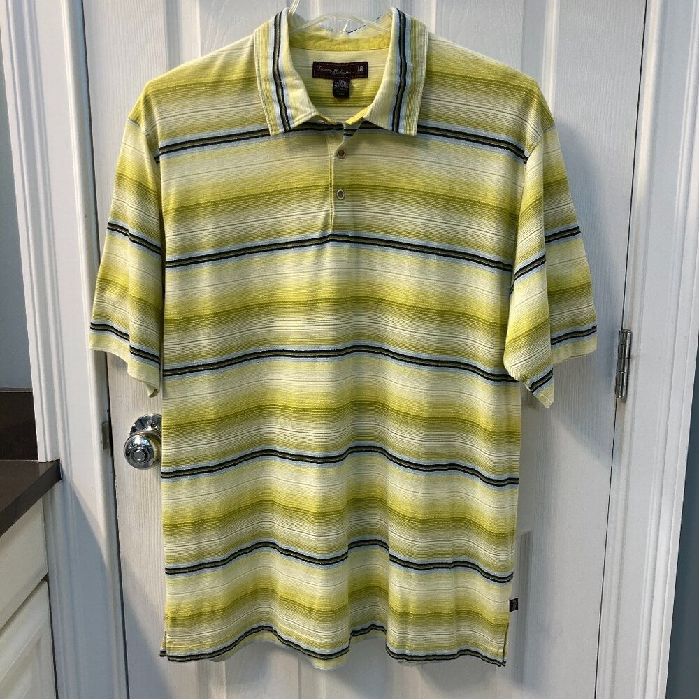 Tommy Bahama 18 Golf Yellow Striped Ghost Floral Polo Shirt Size XL